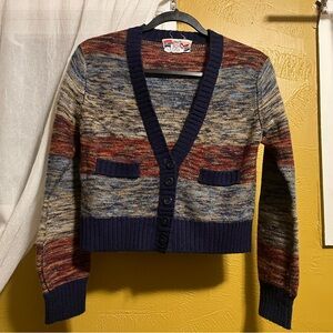 Vintage Multicolor Knit V-Neck Button Cropped Cardigan Sweater - Navy Trim